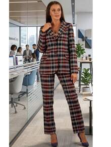 Elegant Women's Plaid Long-Sleeved Collar Suit Set, Paired With Regular Trousers, Woven Fabric, Two-Piece Set With A Warm Inner Lining. - Multicolor - View 3