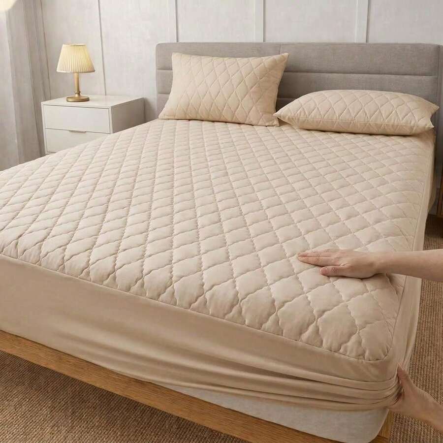 Waterproof Quilted Mattress Protector Cover With Elastic – Single, Double, Queen And King – Pillowcases Not Included - Beige - View 1