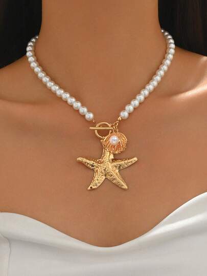 1pc Minimalist White Faux Pearl Handmade Beaded Necklace With Elegant Gold Starfish & Shell Pendant, Versatile Choker Necklace Suitable For Daily Wear, Party, Date, Vacation And Gathering
