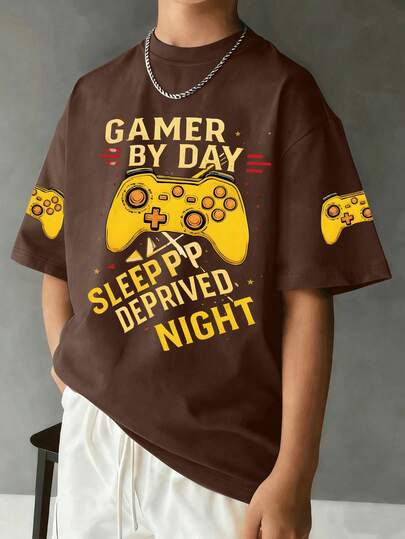 男童图案T恤1件装 - 夏季新款：圆领短袖T恤，印有趣味英文字母和可爱卡通图案