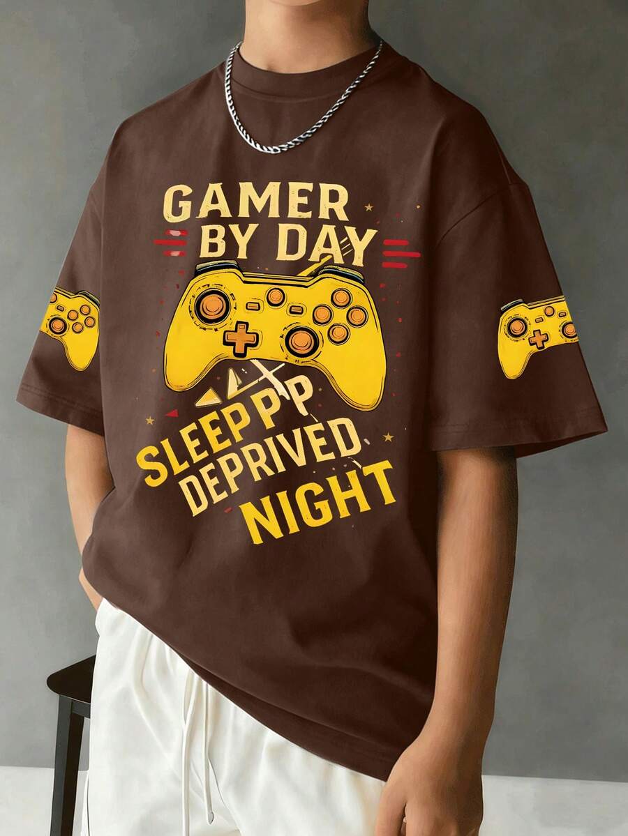 男童图案T恤1件装 - 夏季新款：圆领短袖T恤，印有趣味英文字母和可爱卡通图案 - 棕色 - 查看 1