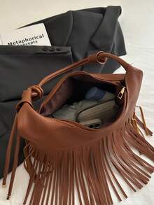 新款复古流苏手提包，时尚简约休闲大容量斜挎单肩包 - 棕色 - 查看 11