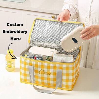 Personalized Large Capacity Gingham Picnic Lunch Bag Insulated Cooler Tote Portable Food Storage Organizer With Zipper Closure Lightweight Reusable Lunch Box Carrier For Girl Girls Outdoor Picnic Travel Camping Daily Use Back To School