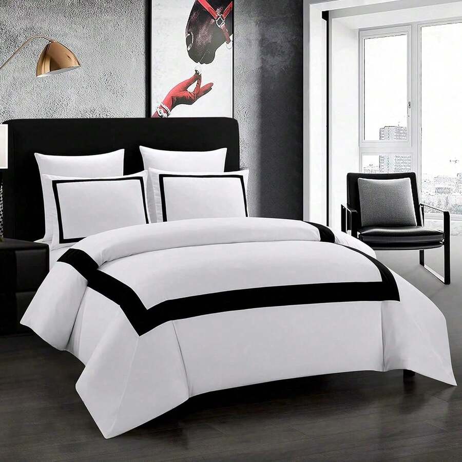Hotel Duvet Cover Set  Microfiber Line Pattern Bedding Collection Ultra Soft Breathable Duvet Cover With Pillowcase - Black - View 1