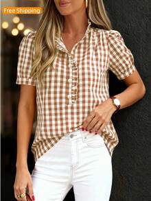Puff Sleeve Striped Ruffle Blouse V Neck Button Front Summer Top Chic Casual Work Office Outfit For Women - Khaki Plaid - View 2