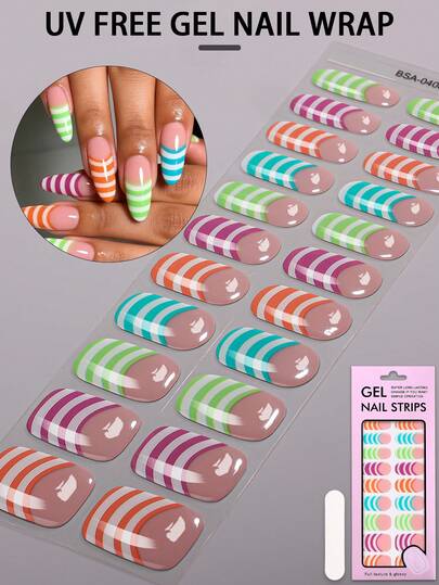 22pcs Spring/Summer Colourful White Ombre French UV Free Gel Nail Strips, Playful Cute Gel Nail Stickers, No UV Damage, Protects Natural Nails, Easy To Use, Suitable For Women's Workplace Parties And Daily DIY Nail Art