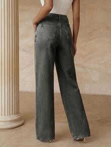 Playroots 女士新款优雅水钻装饰直筒牛仔裤，适合情人节和妇女节穿着。 - 黑色 - 查看 7