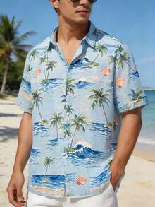 Men's Linen Short Sleeve Vacation Shirt, Suitable For Summer - Blue - View 1
