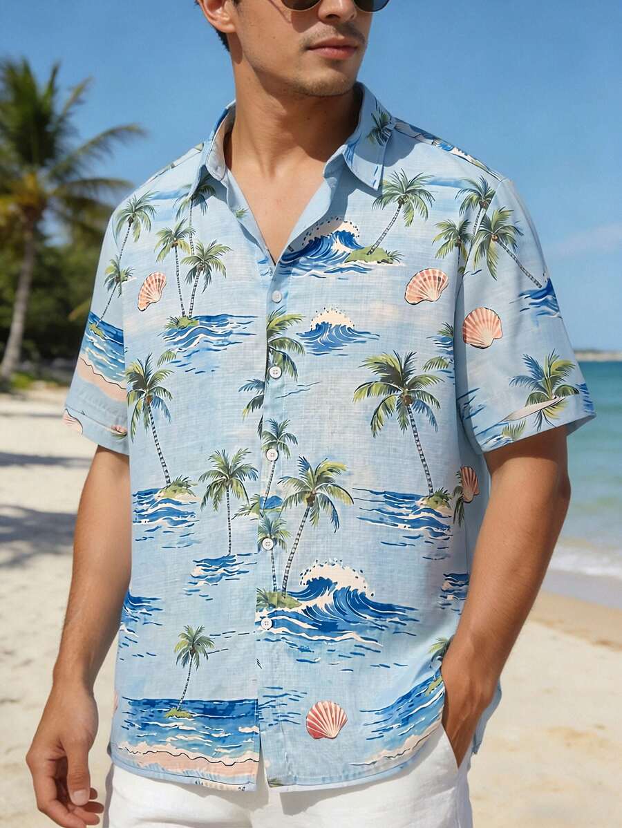 Men's Linen Short Sleeve Vacation Shirt, Suitable For Summer - Blue - View 1