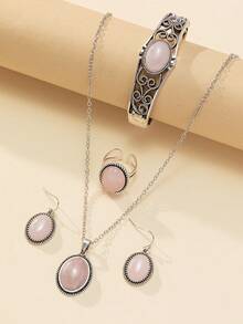European And American Bohemian 4-Piece Set: Vintage Fashion Personalized Geometric Tiger Eye Stone Zinc Alloy Necklace, Earrings, Ring, Bracelet, Suitable For Autumn/Winter Outfits, Daily Wear, Holidays, Etc. - Baby Pink - View 2