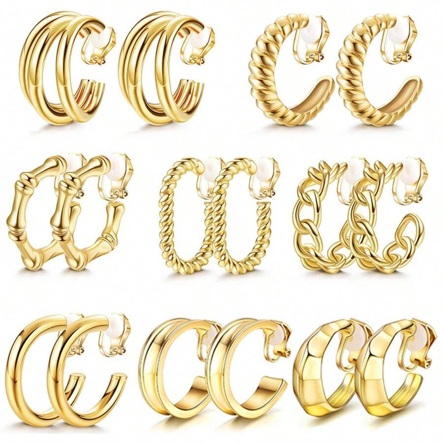 8 đôi khuyên tai kẹp thời trang cao cấp, kiểu móng vuốt, bện, khớp tre, hình chữ C được gõ búa, khuyên tai cá tính, phóng khoáng, không cần xỏ lỗ, phù hợp cho phụ nữ đeo hàng ngày, dự tiệc, tụ họp, du lịch. - Nhiều màu - Xem 1