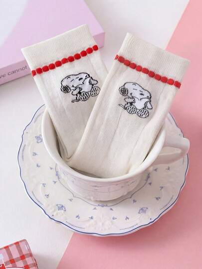  1 Pair Authentic SNOOPY Pattern Women's Pink Summer Mid-Calf Socks, Cute Cartoon Design SNOOPY Summer Ladies White Socks, Odor-Resistant Breathable Casual Round Neck Socks With Cartoon Pattern, Suitable For Students/Adults As Gifts And Daily Wear