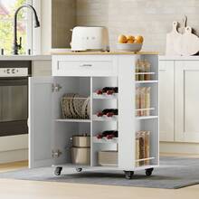 HaluPeit Serving Trolley, Kitchen Trolley With Wheels, Wine Rack, Kitchen Island, Cooking Island, Standing Kitchen Shelf Furniture, Rolling Cart, For Kitchen, Living Rooms And Dining Rooms & Outdoor Use, 68 * 86 * 40 Cm, White - 查看 7