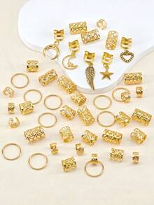 45个心形、翅膀形、星星形、月亮形镂空金属发夹，适合女孩音乐节派对佩戴 - 金色 - 查看 3