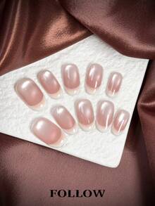 10片手工亚克力美甲贴片，短款，椭圆形，白色，粉色，甜美柔和，法式，猫眼，闪粉，手绘，可爱美甲，价格实惠，美甲用品，可重复使用，含美甲工具，适合日常通勤、派对和办公场合送礼 - 彩色 - 查看 3