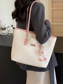 Large Capacity Women's Fashion Multifunctional Shoulder Bag, New Canvas Tote Bag, Suitable For School, Commuting And Shopping (No Pendant) - Pink - View 8