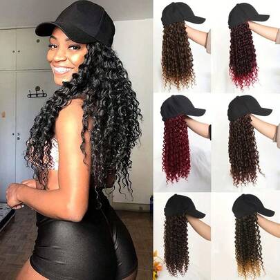 16 Inch Synthetic Wig With Baseball Cap, African Long Curly Black Hair, All-In-One Afro Kinky Curly Natural Looking Wig