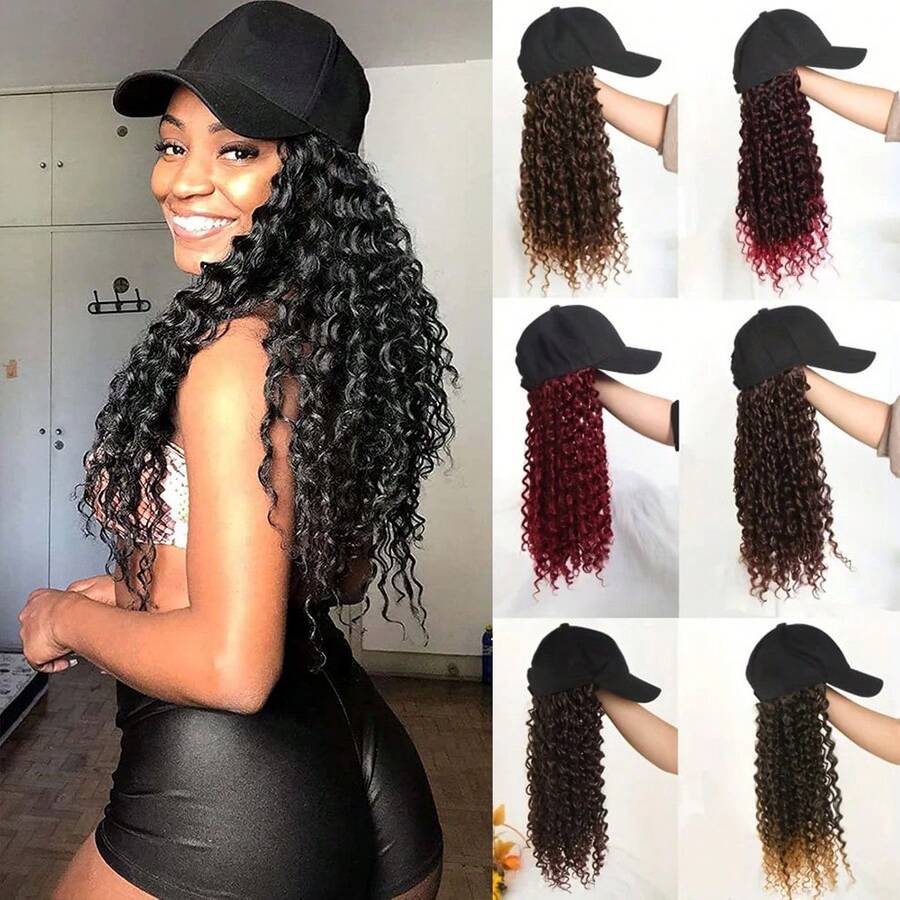 Tóc giả tổng hợp 16 inch kèm mũ lưỡi trai, tóc đen dài xoăn kiểu châu Phi, tóc giả xoăn xù tự nhiên kiểu Afro.