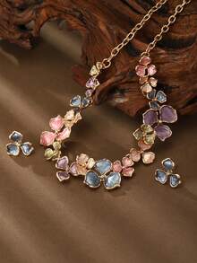 Cring Coco 2pcs Women Jewelry Set, Zinc Alloy Bohemian Style Elegant Multicolor Flower Necklace & Earrings Set, Suitable For Daily, Party, Wedding, Festival, Mother's Day Gift - Flowers - View 7