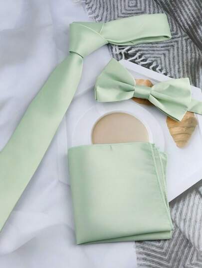 3 PCS Sage Green Satin Men's Tie Set, Including Tie Handkerchief And Bow Tie, Suitable For Business Gatherings And Formal Occasions As Neck Accessories.