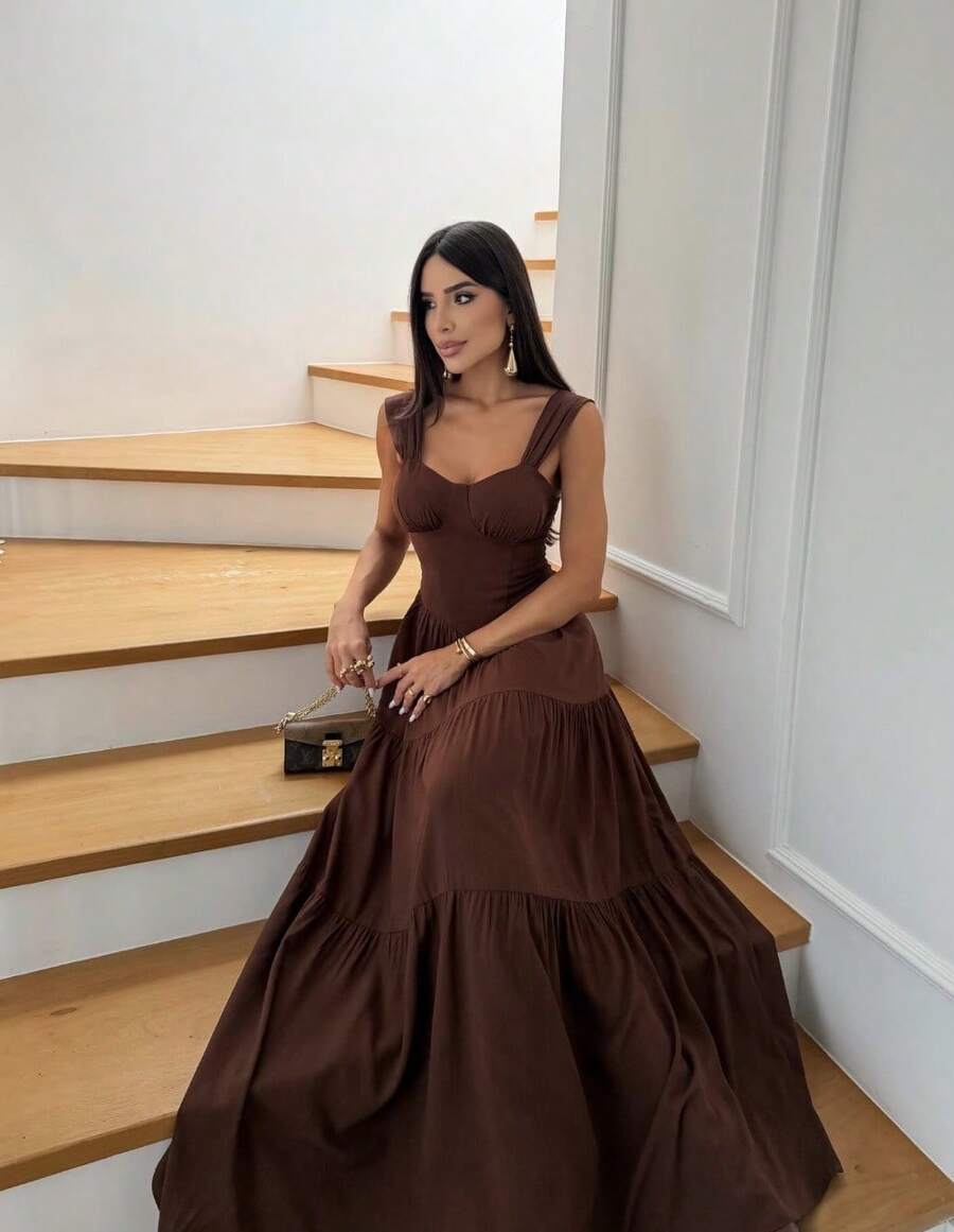 Elegant Women's Maxi Dress With A Flared Skirt And Ruffle Detail, A Viscose Linen Party Dress With A Corset Effect. - Rỉ Nâu - Xem 1