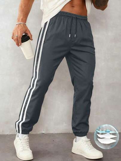 1pc Men's Casual Sports Wear Set, Spring/Summer Loose Fit Joggers Pants For Running, Outdoor Hiking, Everyday Commute, Summer Striped Cropped Trousers