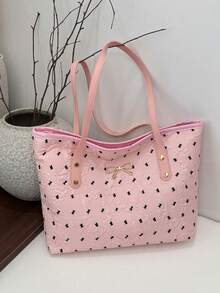 Large Capacity Handbag For Women, New Arrival Bow Decor Minimalist Fashion Korean Style Fresh Commuting Shoulder Tote Bag - Pink - View 12