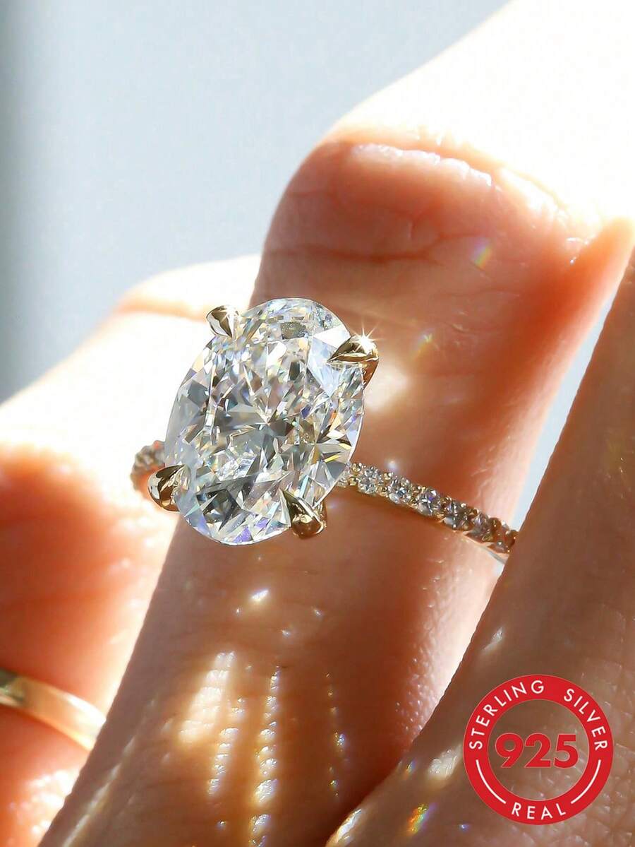 1 chiếc nhẫn bạc 925, đính đá Cubic Zirconia hình bầu dục 1-4,5 carat, nhẫn cưới/đính hôn/nhẫn phù dâu dành cho nữ, món quà trang sức tinh tế.