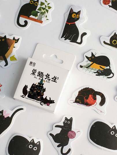 46pcs/Set Ins Style Cute Cartoon Little Black Cat Box Stickers DIY Journal Material Stickers CCD Phone Case Water Cup Album Decoration Stickers