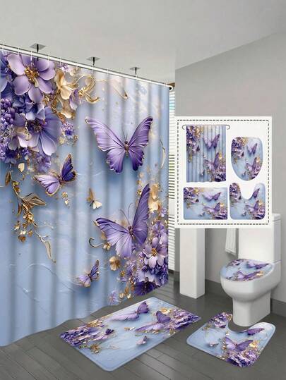1/4 件套浴室帘套装，蝴蝶图案，艺术花卉设计，可机洗，适用于家庭和酒店浴室 - 防水涤纶浴帘，防滑浴室垫，U 型马桶垫，带 12 个挂钩的马桶盖 - 现代风格，适合家居装饰、浴室装饰和配件，易于清洁和维护，优雅的乔迁礼物 - 四季皆宜