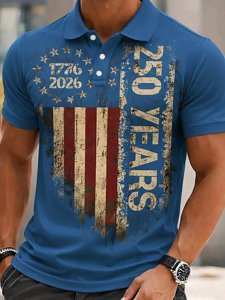 Men's 250th Anniversary Commemorative Polo Shirt, Vintage Flag Print Casual Short Sleeve, Three-Button Placket, Quick-Dry And Breathable Fabric - Nhiều màu - Xem 1