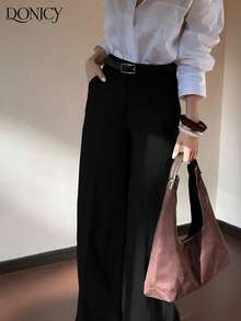 DONICY Quần nữ mùa xuân/hè mới về, màu đen trơn, cạp cao, ống rộng, dáng suông, có túi, kiểu dáng thời trang retro thanh lịch tối giản, đa năng, phù hợp cho mặc hàng ngày, công sở, đi làm, hẹn hò, mua sắm, triển lãm và các dịp khác. - màu đen - Xem 7