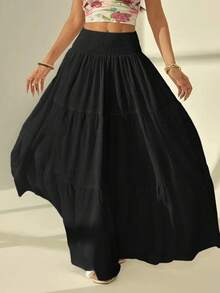 Womens Spring Summer Boho Elastic Long Skirts High Waist Pleated A Line Tiered White Or Black Maxi Skirt - 黑色 - 查看 1