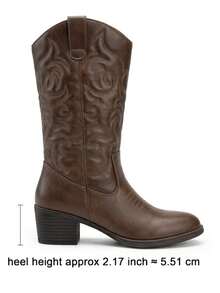 Western Cowboy Round Toe Mid-Calf Boots For Women - Cà phê nâu - Xem 5