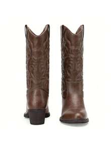 Western Cowboy Round Toe Mid-Calf Boots For Women - Cà phê nâu - Xem 7