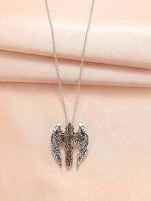 Fashionable Men's Cross Wing Pendant Necklace. This Exquisite Vintage-Style Necklace Is Perfect For Daily Wear, Holiday Parties, And Gatherings. It Makes An Excellent Gift For Friends. - Silver - View 1