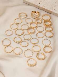 30pcs Luxury Wave Pattern Geometrically Shaped Ring With Inlaid Diamond, Suitable For Women's Daily Wear - 黃金2 - 查看 4