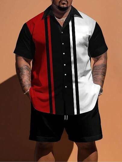 2pcs/Set Plus Size Men's Casual Striped Patchwork 3D Print Short Sleeve Button-Down Shirt And Shorts Summer Outfit, Suitable For Dates, Beach, Vacation