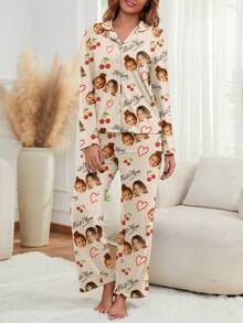 Customized Women's Long Sleeve Pajama Set, Can Print Any Pattern, Personalized Pajamas With Photos, Funny Customized Images, Comfortable Sleepwear. Suitable For Mother's Day, Birthday, Gifts, Personalized, Colorful, Cute, Witty, Unique, Exclusive, Ideal Girlfriend Gift, Suitable For Girlfriend, Family, Friends, Elders, Fashionable For Autumn, Party Occasions - Apricot - View 3