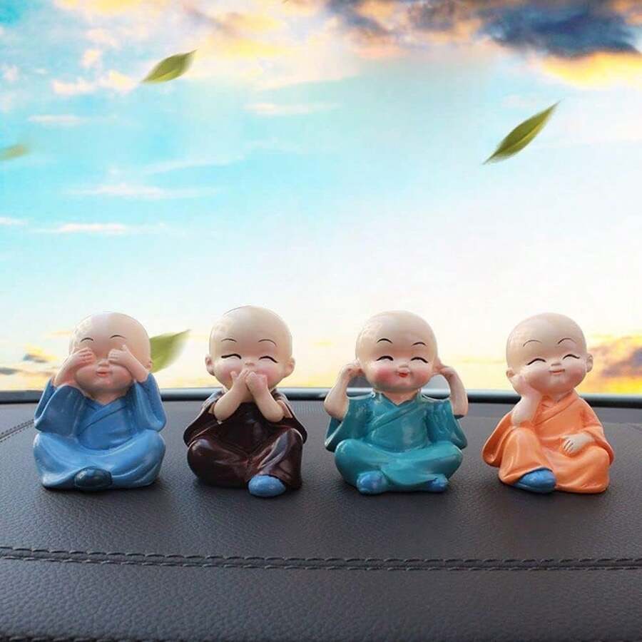 4件套树脂小和尚汽车摆件，可爱功夫四大天王雕像，生动的练功姿势，适合摆放在汽车中控台、办公桌、书架上，也可作为趣味创意装饰品。 - A - 查看 1