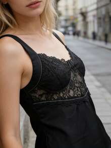 Women's Lace Patchwork Tank Tops Summer Fashionable V Neck Ruffle Hem Going Out Vest - Black - View 6