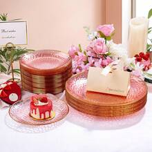 1 chiếc đĩa tráng miệng cao cấp màu hồng viền vàng, chất lượng cao, phù hợp cho đám cưới, tiệc tùng, sinh nhật, tiệc trà chiều, họp mặt gia đình, phục vụ khách sạn, lễ kỷ niệm, đồ dùng ăn uống có thể tái sử dụng. - Nhiều màu - Xem 4