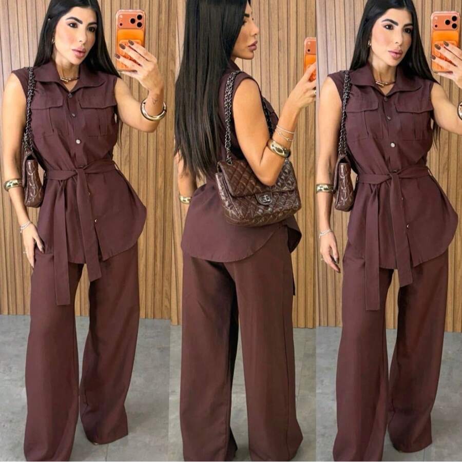 Women's Set: Vest And Wide Leg Pants, Formal And Elegant. - Rust Brown - View 1