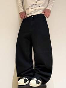 1pc Hearty Haven Men's Embroidered Wide-Leg Casual Pants, Loose Comfortable College Style Streetwear, Suitable For All Seasons, Office Wear, No Belt Or Accessories Included - Black - View 6