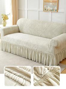 1pc Jacquard Leaf Pattern Ruffled Elastic Sofa Cover, Dust-Proof And Dirt-Resistant, Stretch-To-Fit Full Coverage Sofa Protector, Home Decor, Machine Washable, Pillow Cover Not Included - Light Grey - View 2