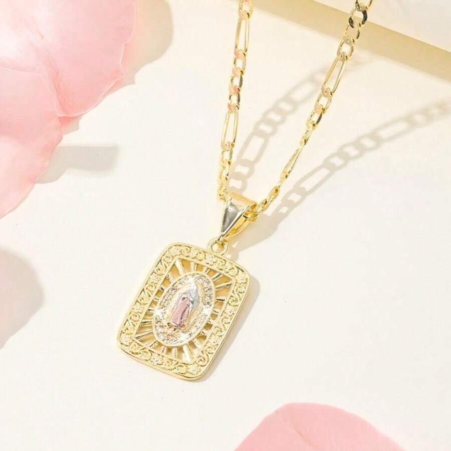 1pc Elegant Gold-Plated Square Guadalupe Virgin Mary Pendant, Religious Memorial Jewelry For Faith And Love, Suitable For Mother's Day, Gift For Mother/Daughter - Multicolor - View 1