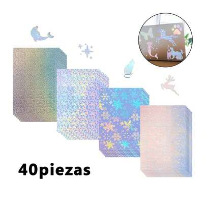 40 pcs pegatinas holográficas de vinilo imprimibles, pegatinas para inyección de tinta, papel holográfico A4 para impresión láser, 4 patrones, alta viscosidad y estabilidad, impermeables y resistentes a la decoloración, ideales para adherirse a diversas superficies.