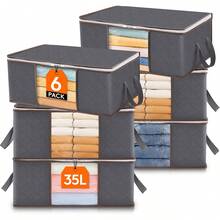 6 Pack Clothes Large Storage Bag, Foldable Storage Bin Closet Organizer With Reinforced Handle, Sturdy Fabric Blanket Storage With Clear Window, Storage Containers For Clothing, Bedding, Gray, (35L/90L) - View 1