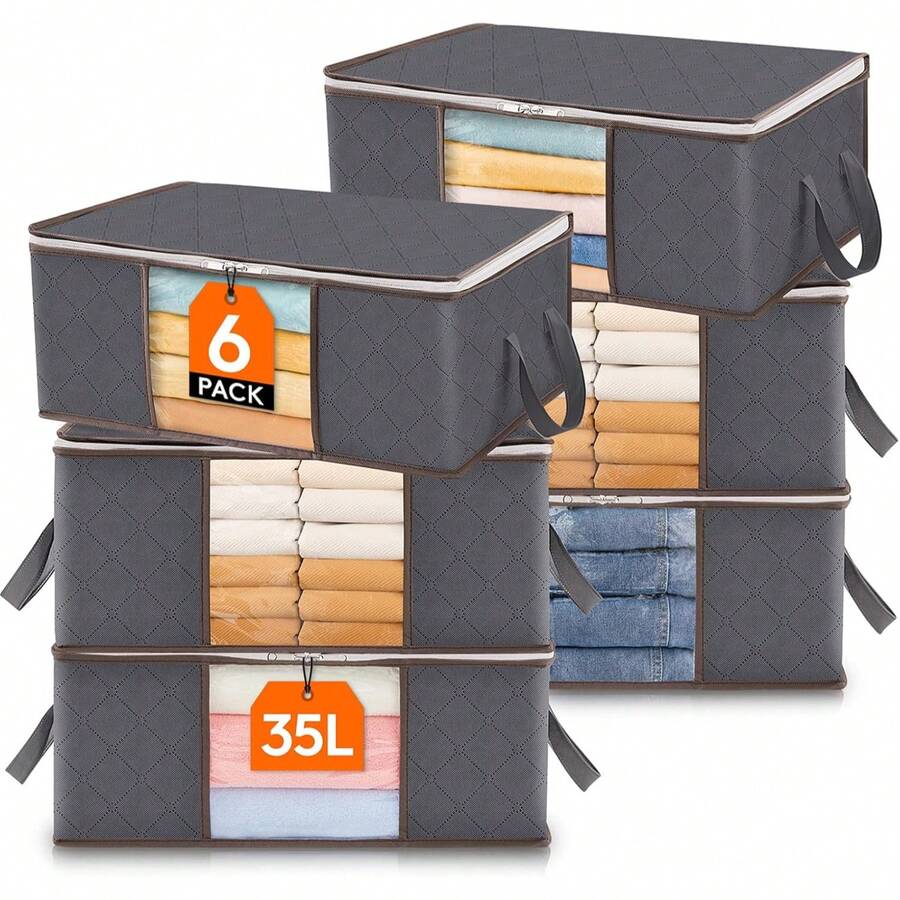 6 Pack Clothes Large Storage Bag, Foldable Storage Bin Closet Organizer With Reinforced Handle, Sturdy Fabric Blanket Storage With Clear Window, Storage Containers For Clothing, Bedding, Gray, (35L/90L) - View 1