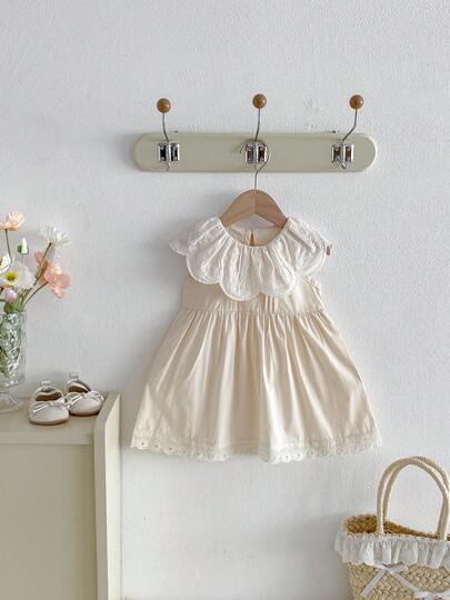 女婴夏季连衣裙，户外休闲刺绣荷叶边领无袖+蕾丝下摆